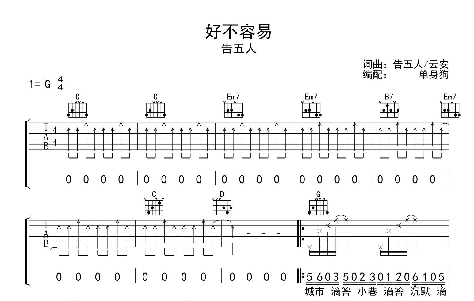 告五人《好不容易》吉他谱_G调指法吉他谱1