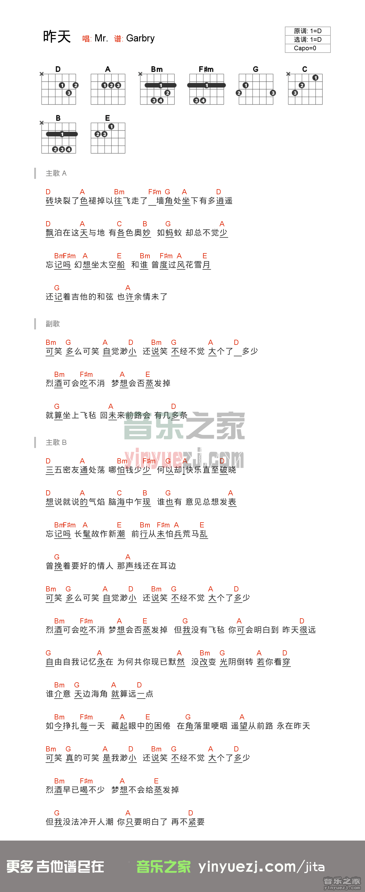 昨天吉他谱 D调和弦谱_Garbry编配_Mr.1