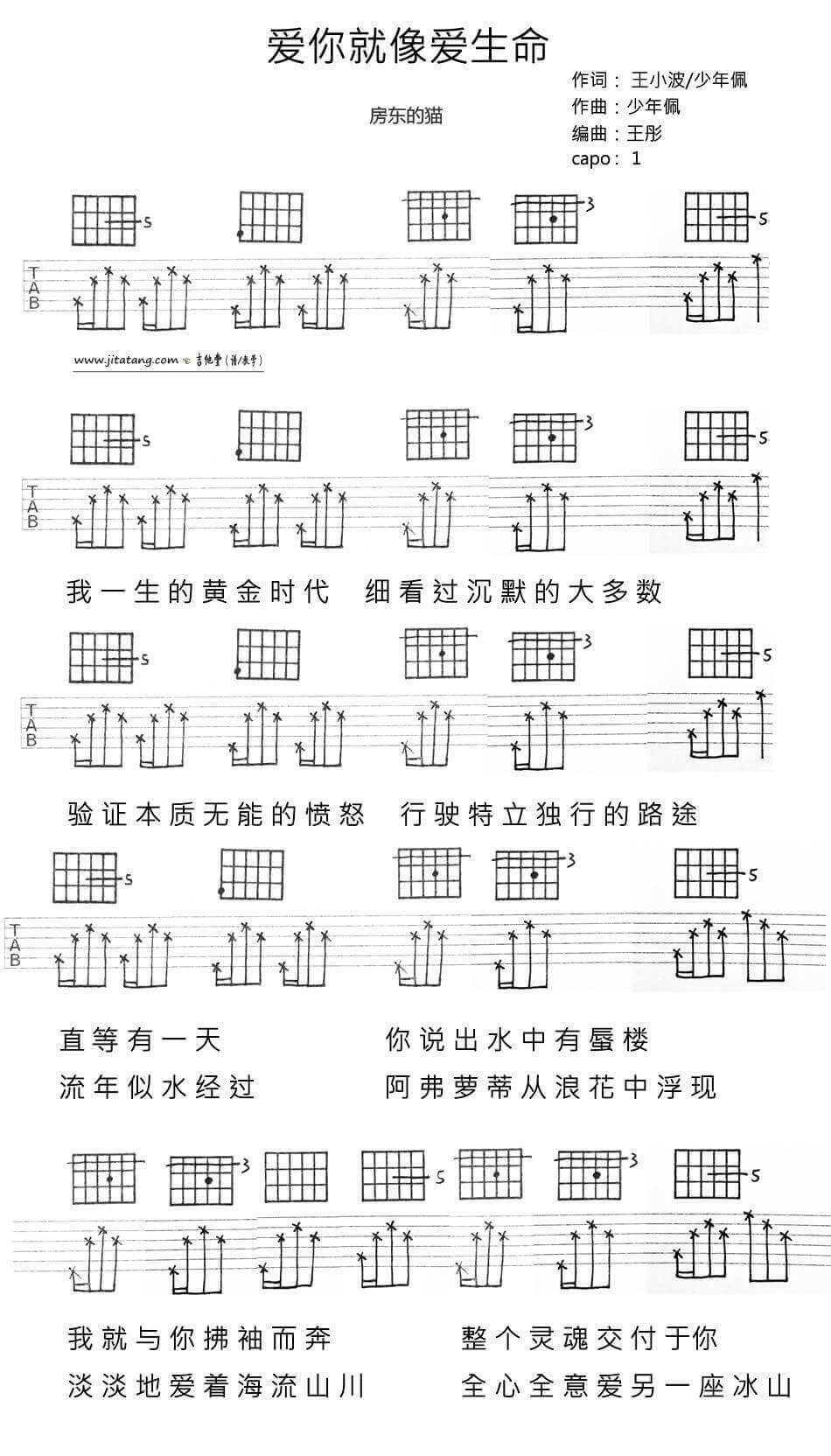 爱你就像爱生命吉他谱 六线谱-变调夹夹一品-房东的猫1