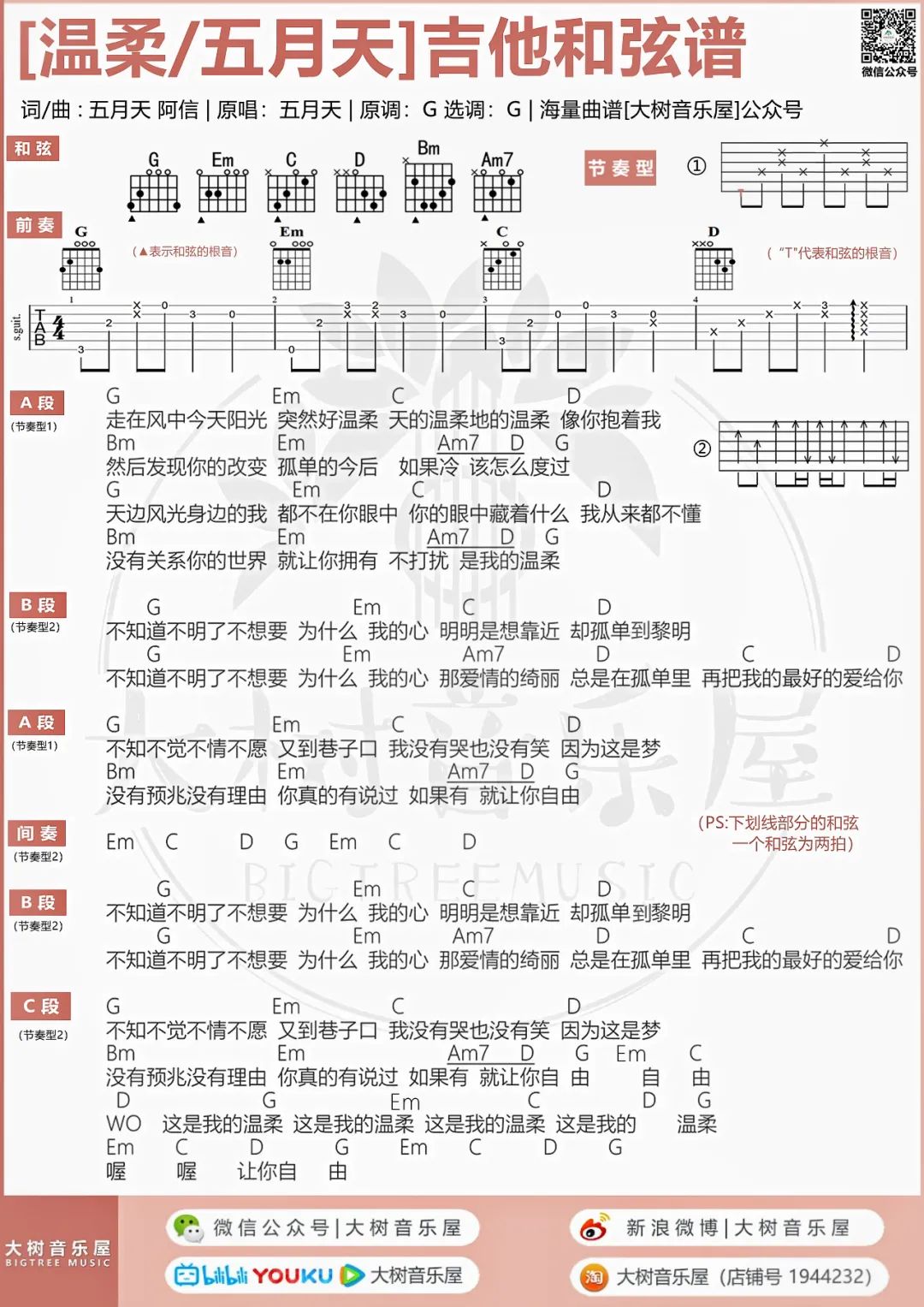 温柔吉他谱_五月天_G调原版六线谱/和弦谱_吉他弹唱教学4