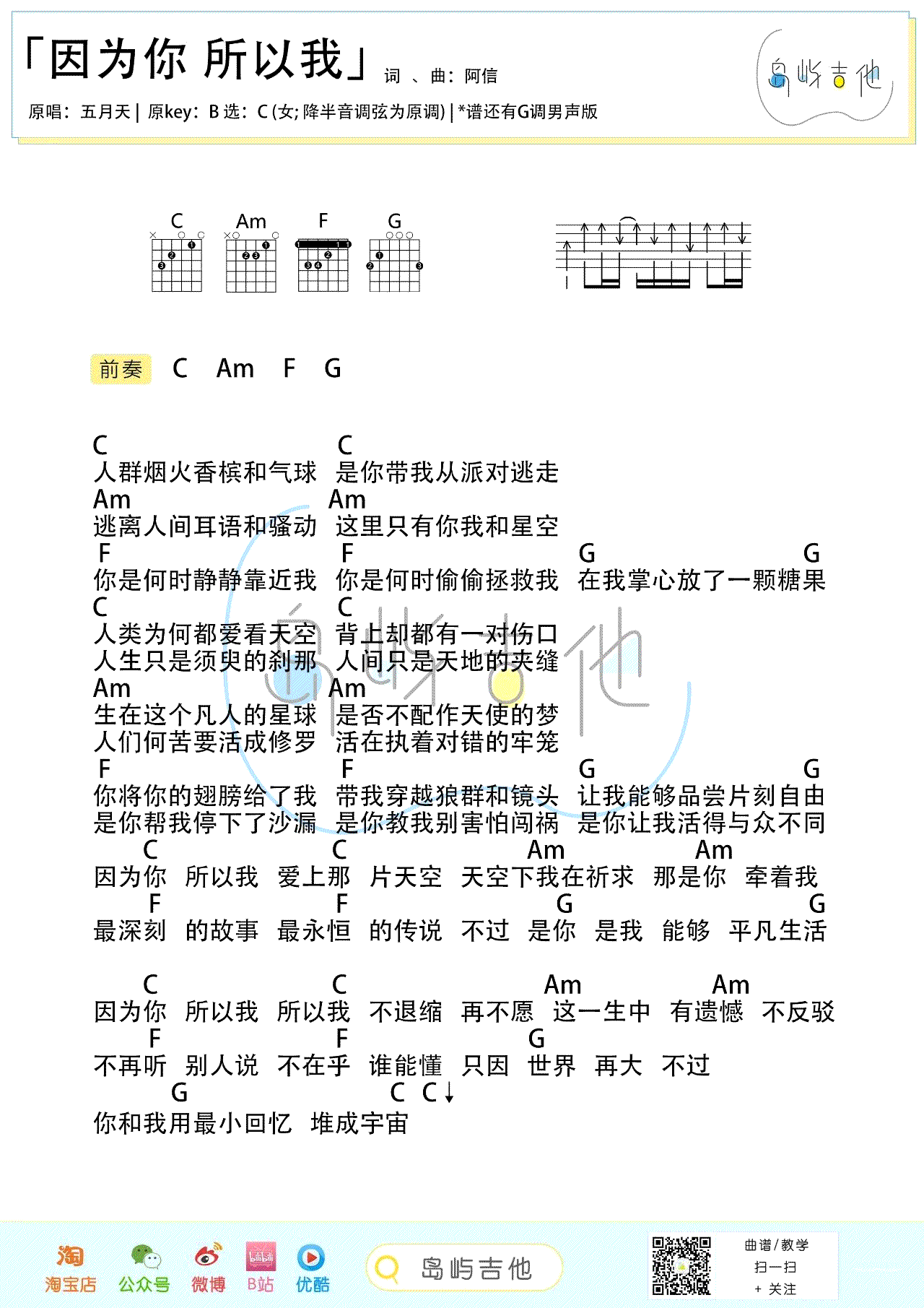 五月天《因为你 所以我》吉他谱_G调男生版+C调女生版1
