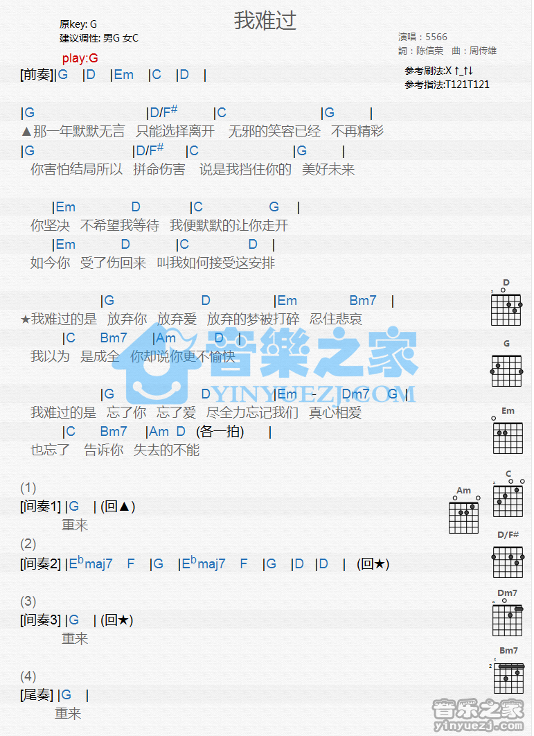 我难过吉他谱 G调和弦谱_音乐之家编配_5566组合1