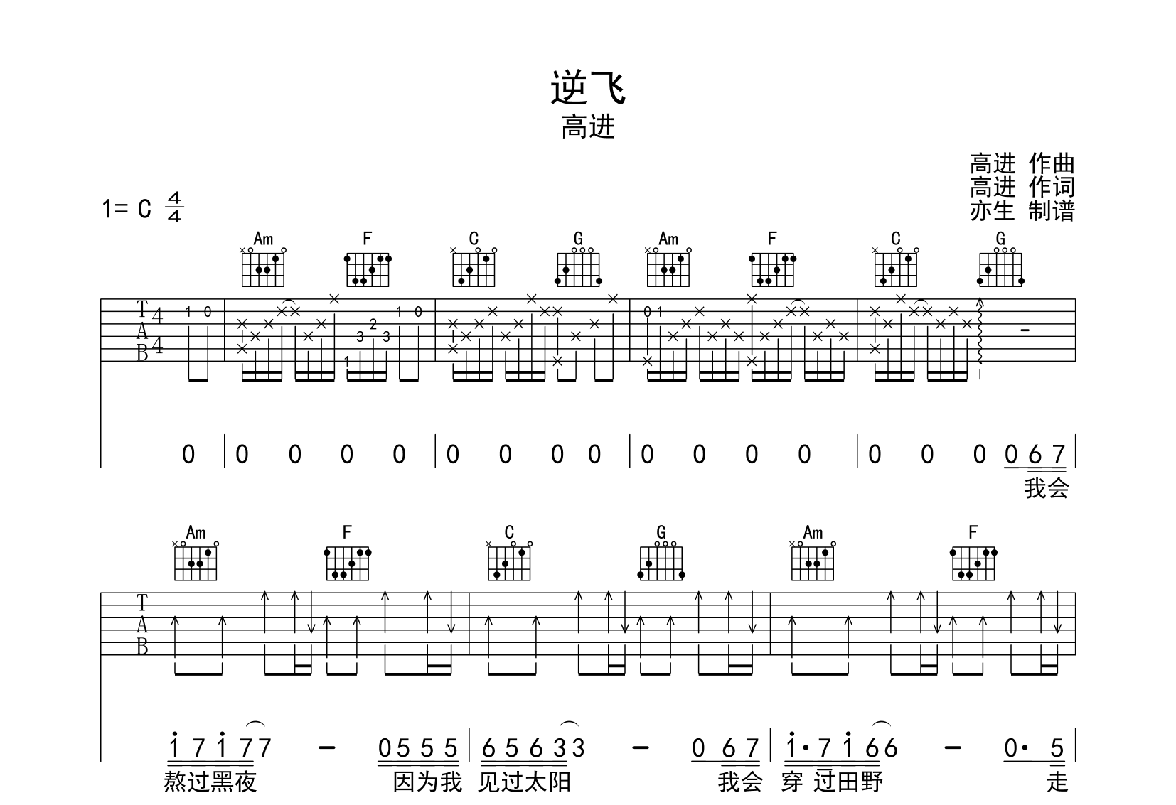 逆飞吉他谱_高进_C调原版六线谱_《逆飞》吉他弹唱谱1