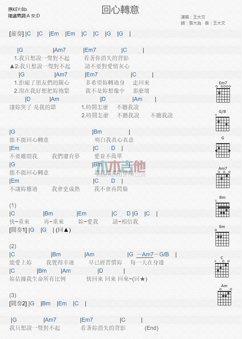 回心转意_吉他谱_王大文1