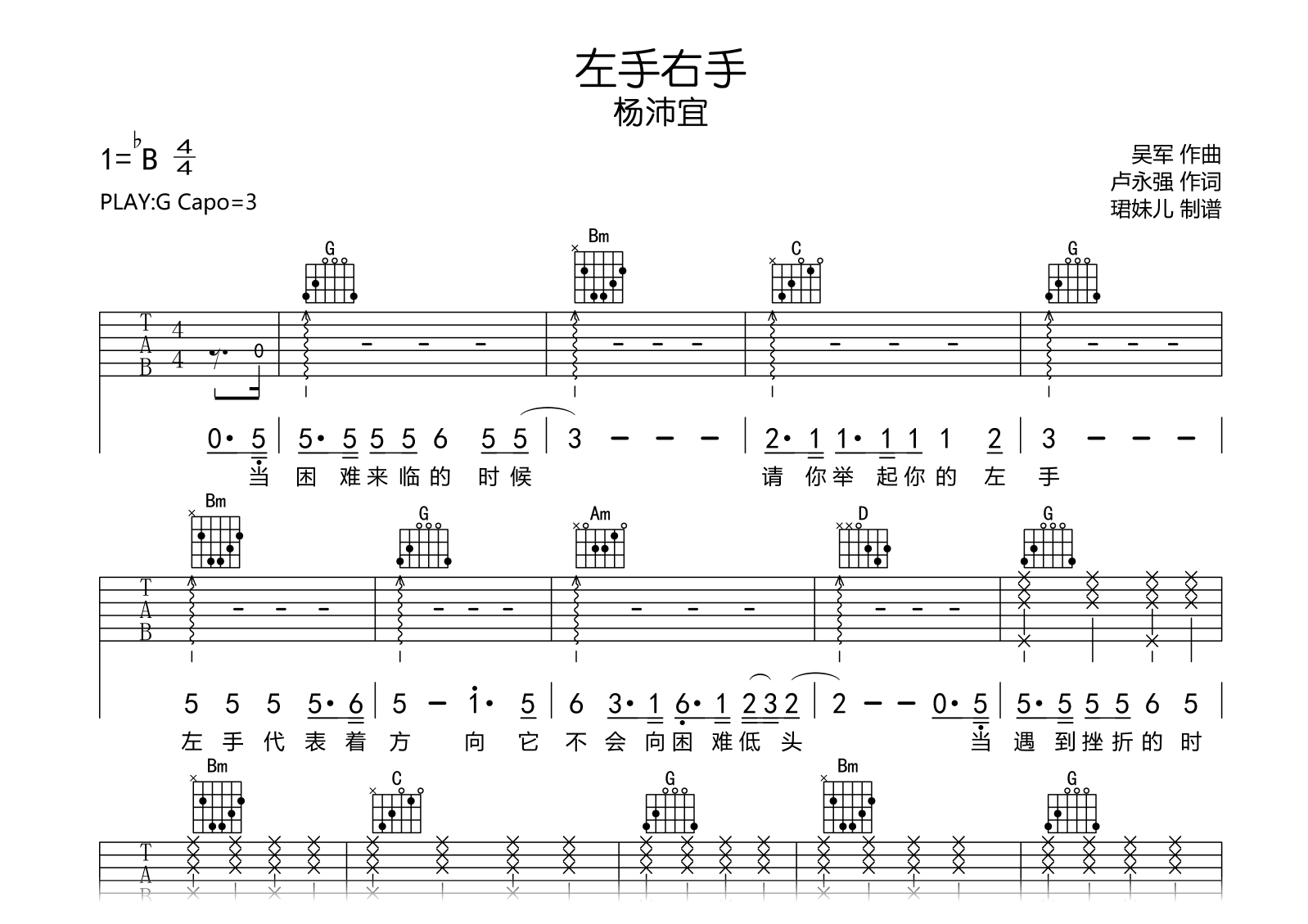 左手右手吉他谱_杨沛宜_G调弹唱谱_完整六线谱1