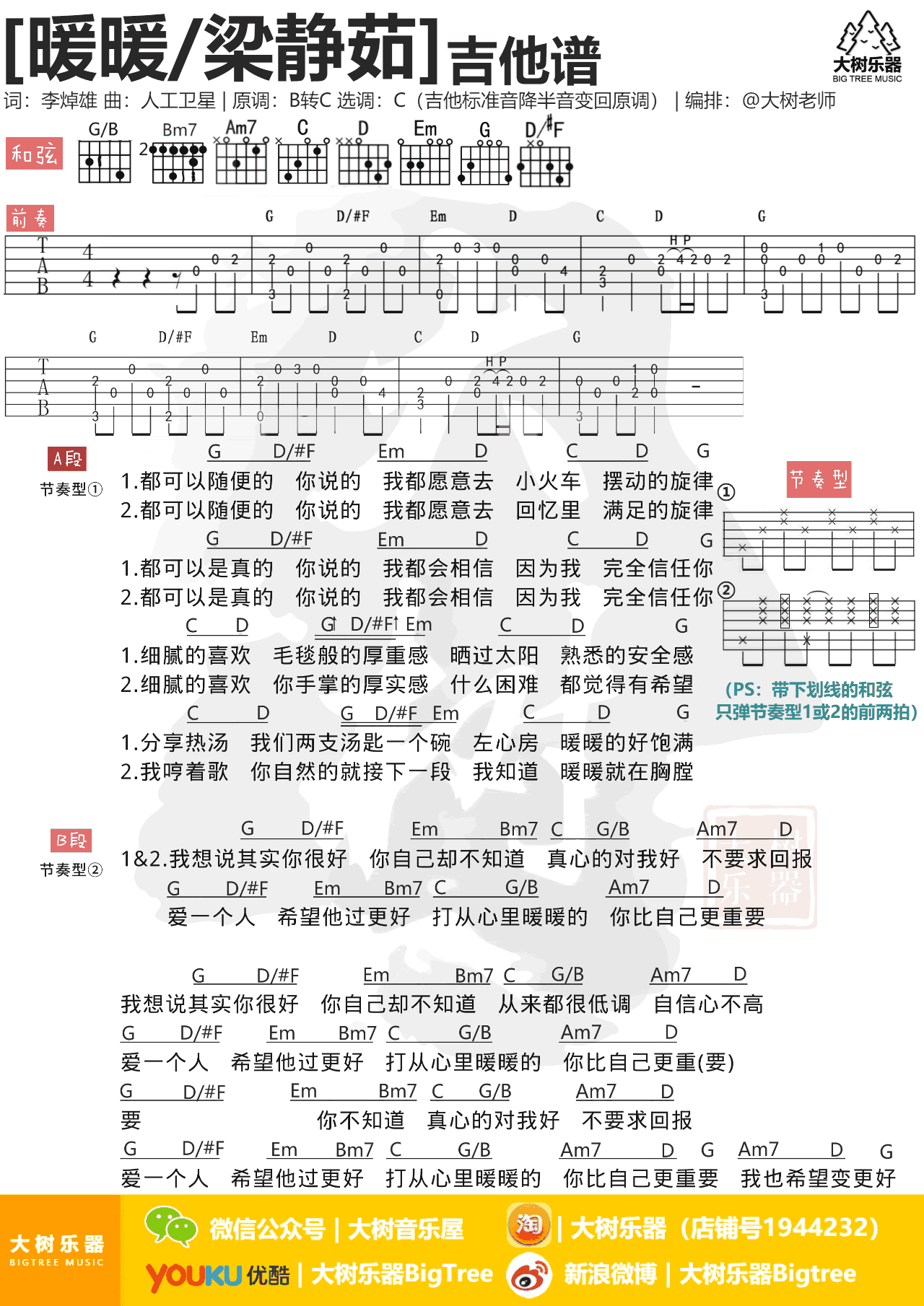 暖暖吉他谱 C调和弦谱 梁静茹 高清图片谱1