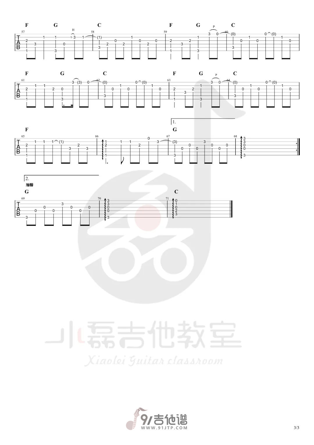 【指弹谱】赵雷《南方姑娘》指弹吉他谱 吉他独奏谱 Guitar Tabs1