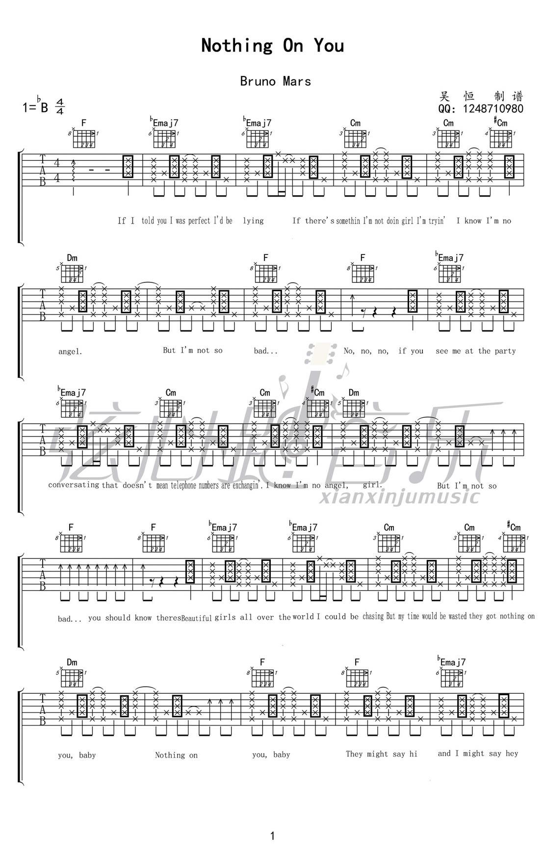 nothing on you吉他谱_吉他弹唱六线谱_Bruno Mars1