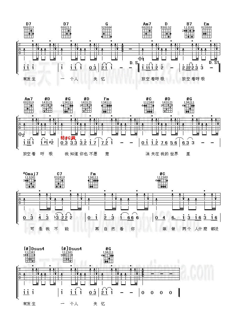 一个人失忆吉他谱 G调简单版_阿潘音乐工场编配_薛凯琪3
