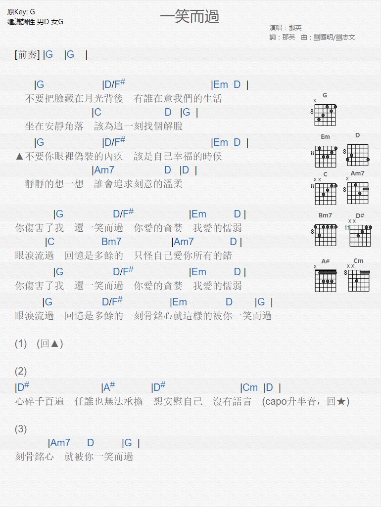 一笑而过吉他谱 G调和弦谱-那英1