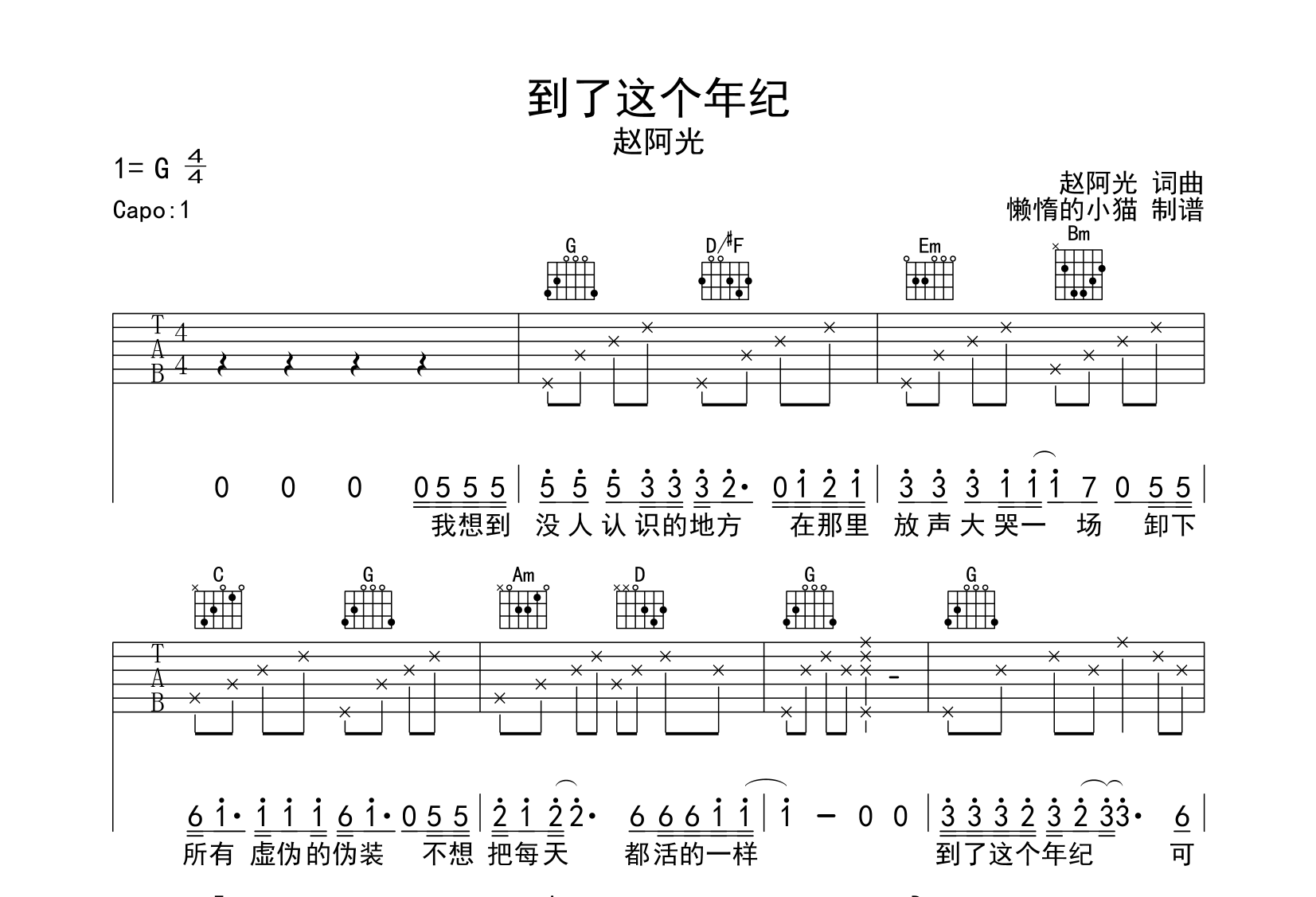 到了这个年纪吉他谱_赵阿光_G调六线谱_吉他弹唱谱1