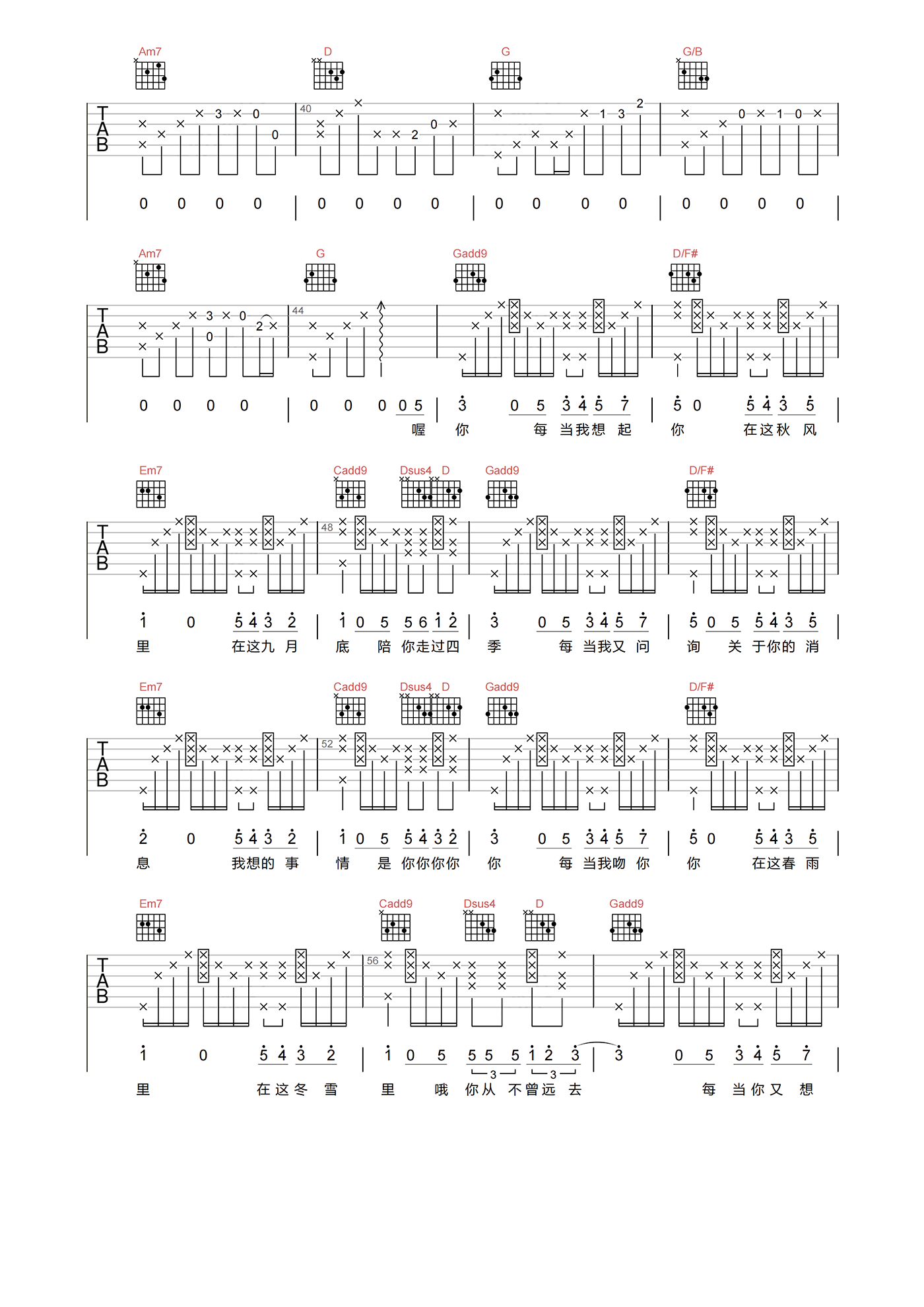 余佳运《九月底》吉他谱-G调指法吉他六线谱1