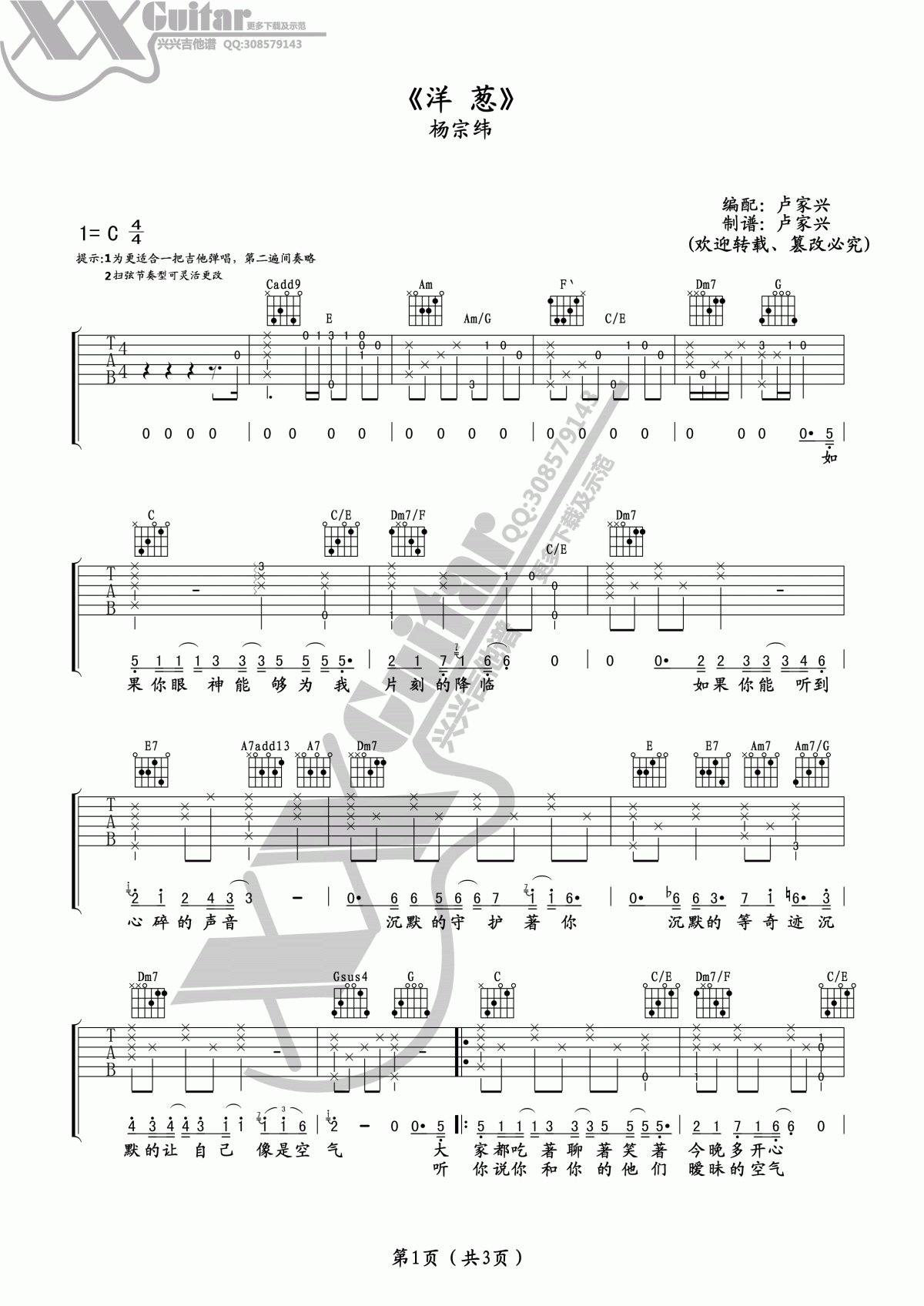 杨宗纬《洋葱》吉他谱 C调1