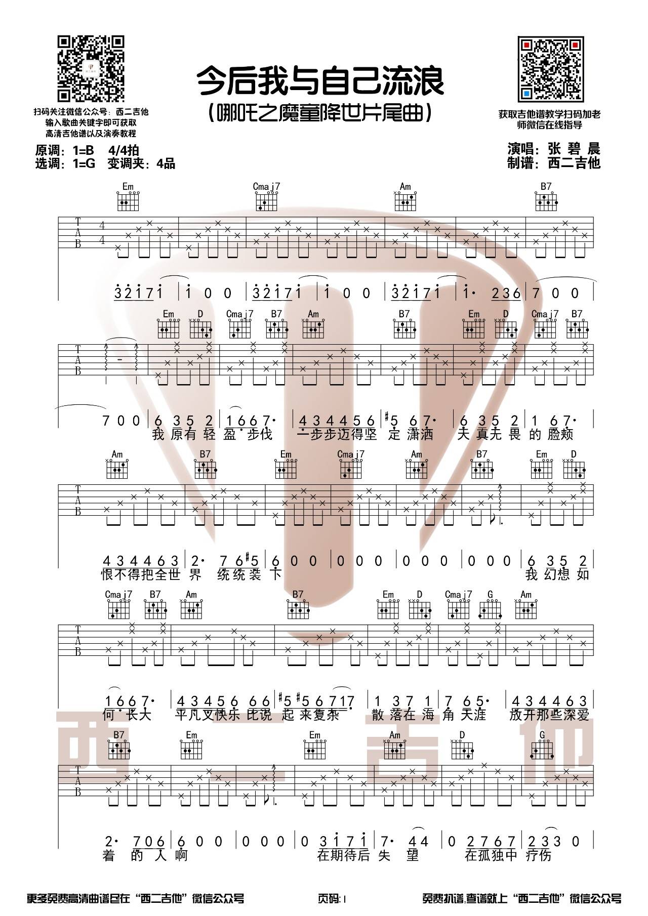 今后我与自己流浪吉他谱 G调_西二吉他编配_张碧晨1