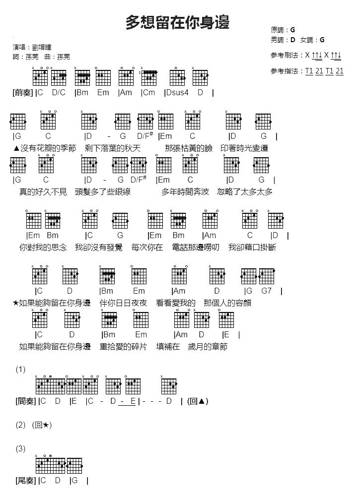 多想留在你身边吉他谱 刘增瞳 G调和弦弹唱谱 六线谱2