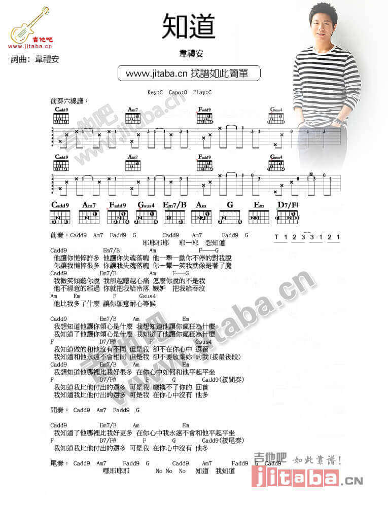 知道吉他谱 C调简单版-吉他吧编配-韦礼安1