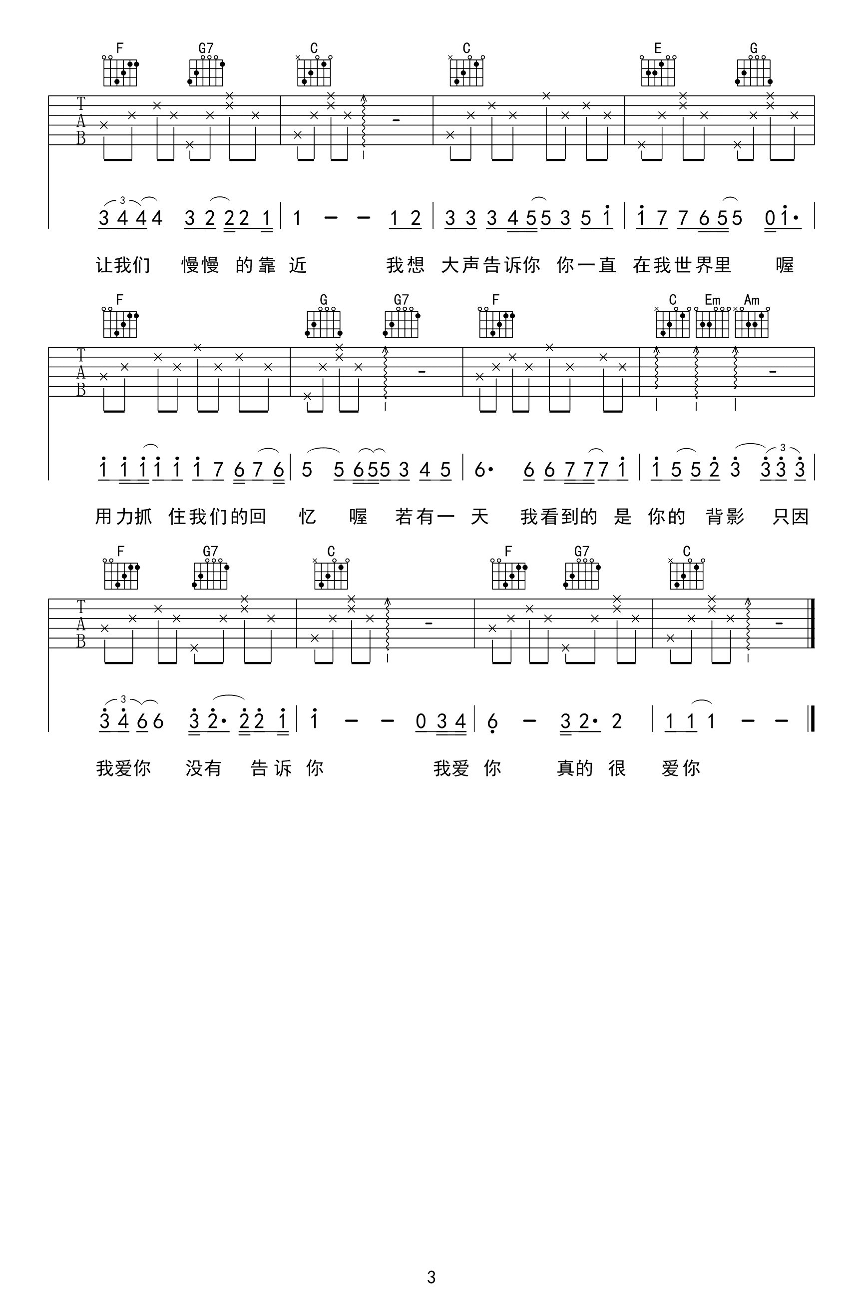 樊凡《我想大声告诉你》吉他谱_C调原版六线谱_吉他弹唱谱1
