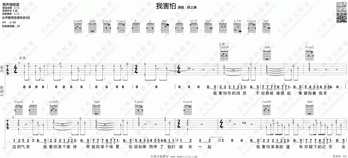 我害怕图片吉他谱C调薛之谦1