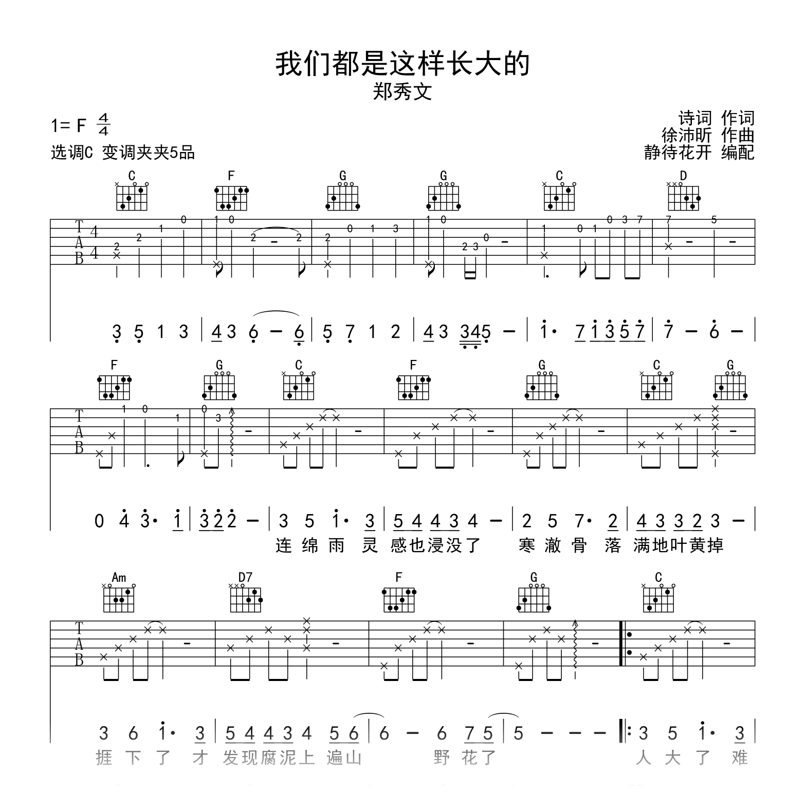 我们都是这样长大的吉他谱_郑秀文_C调弹唱六线谱1