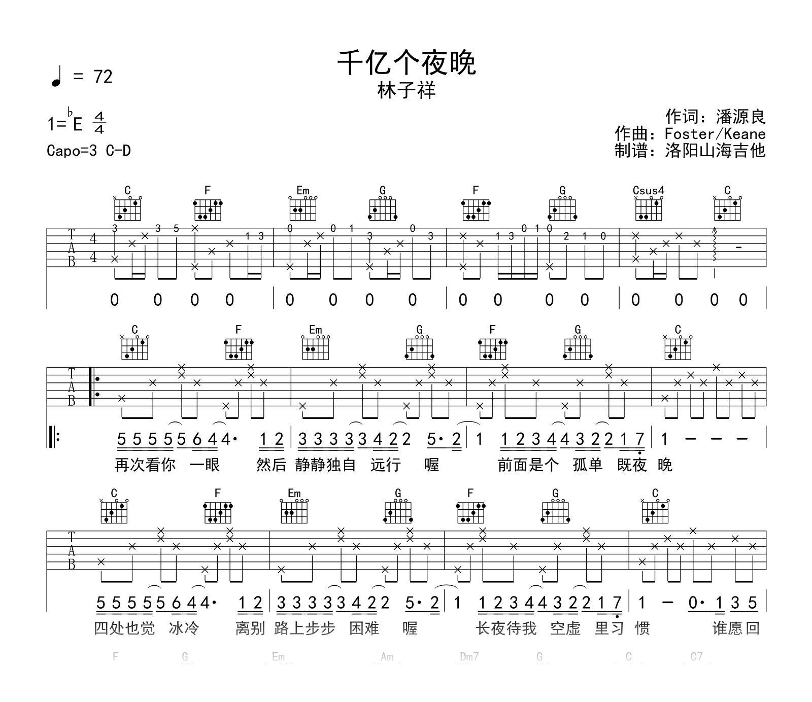 林子祥《千亿个夜晚》吉他谱_C调弹唱六线谱_示范音频1
