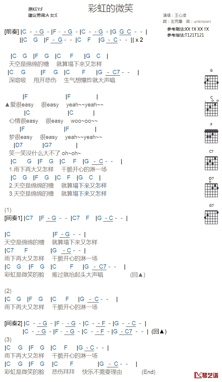 彩虹的微笑吉他谱 王心凌 简易版1