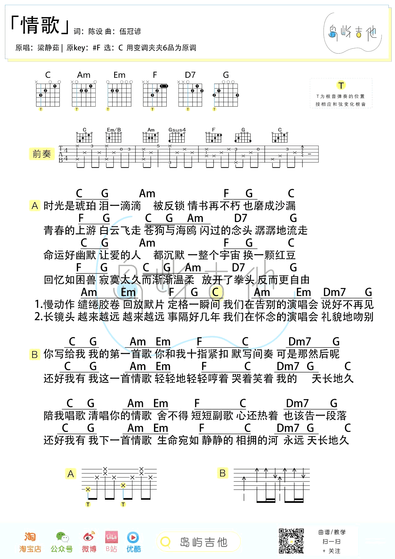 情歌吉他谱_梁静茹_C调弹唱谱_吉他弹唱演示视频2