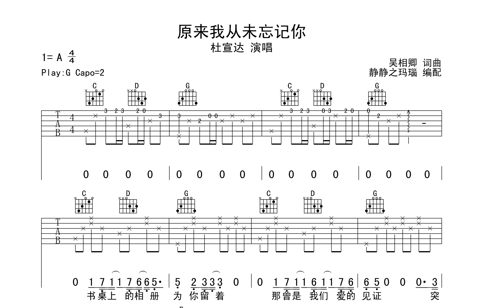 杜宣达 原来我从未忘记你 吉他谱吉他谱_G调指法吉他六线谱1