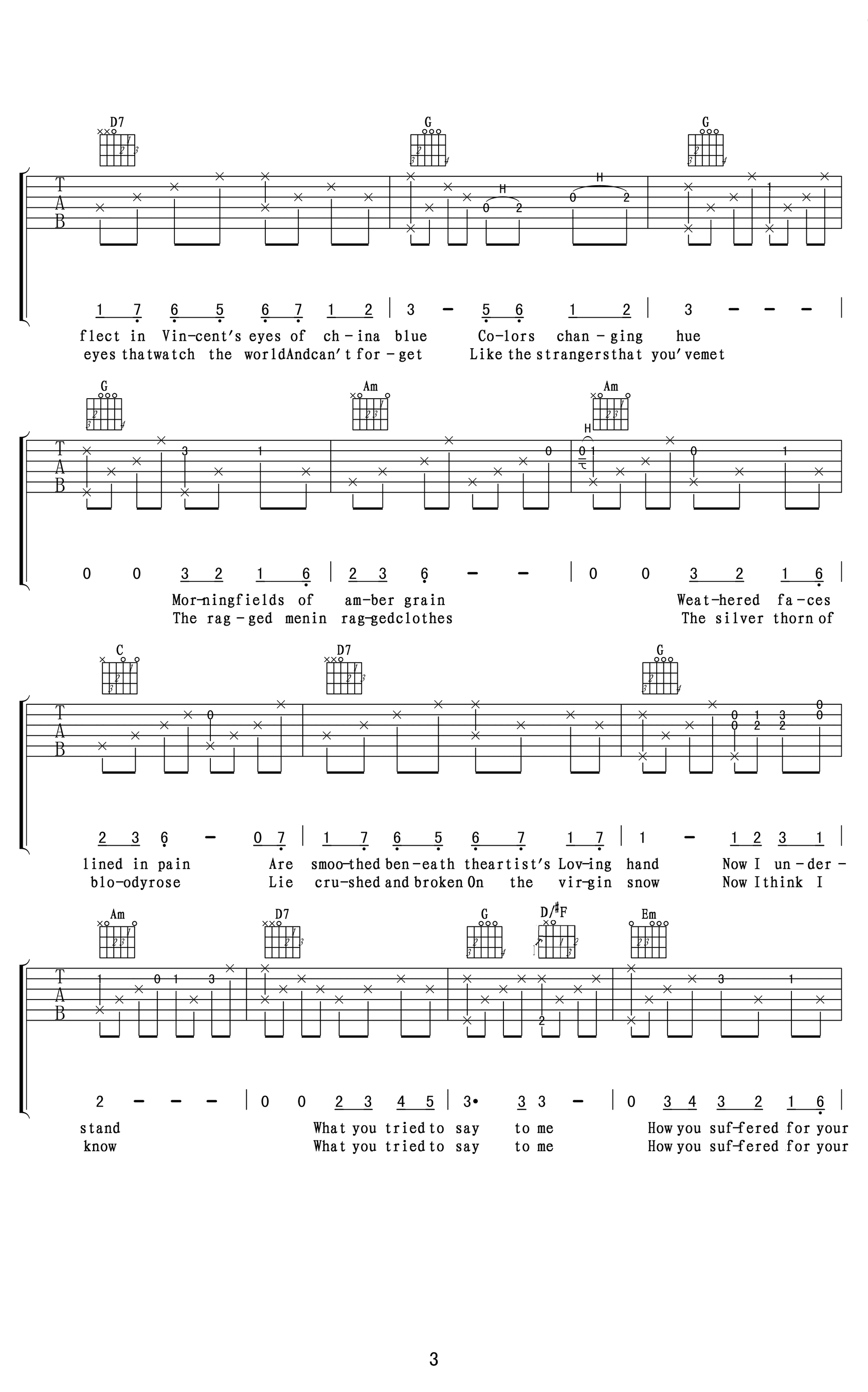 Vincent吉他谱_Don Mclean_G调原版六线谱_吉他弹唱教学3