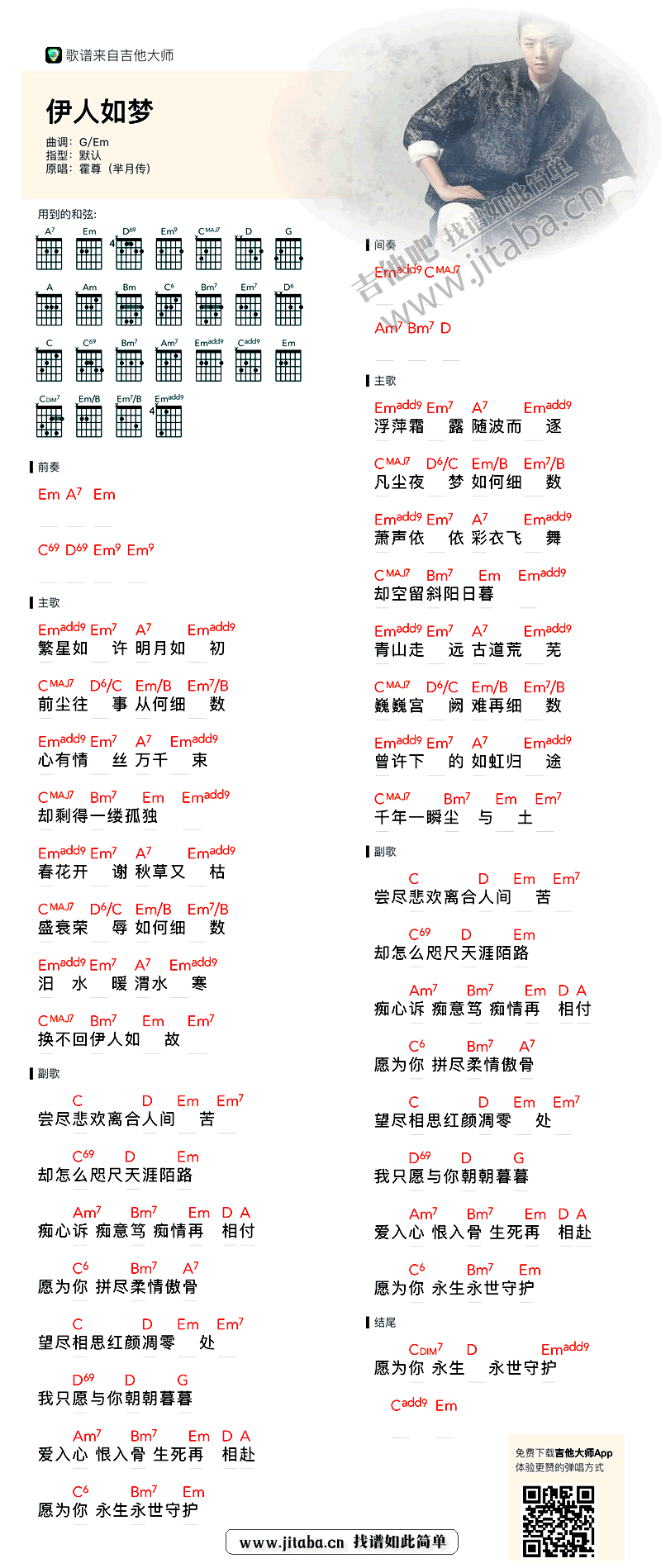伊人如梦吉他谱-霍尊《芈月传》主题曲-和弦图片谱1