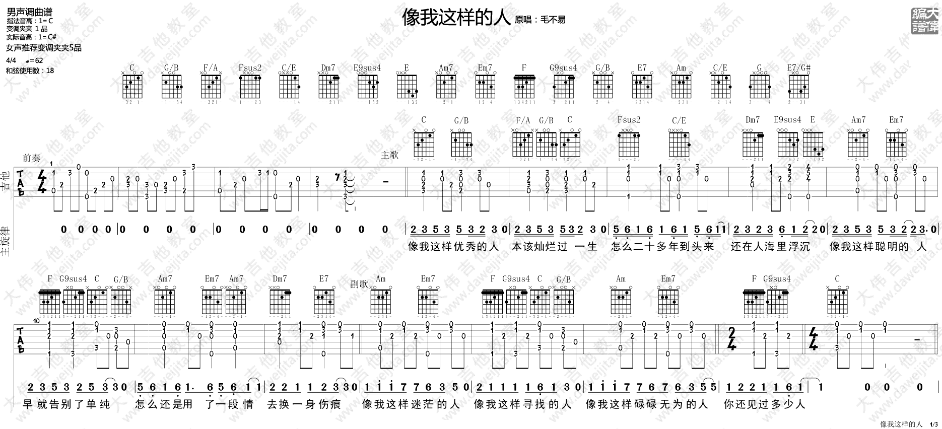 像我这样的人吉他谱_毛不易_C调原版六线谱_吉他弹唱教学1