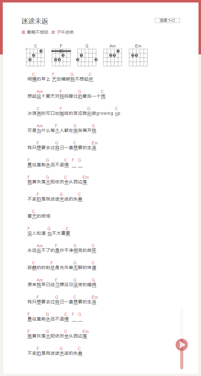 迷途未返吉他谱_ 葡萄不愤怒C调和弦谱1