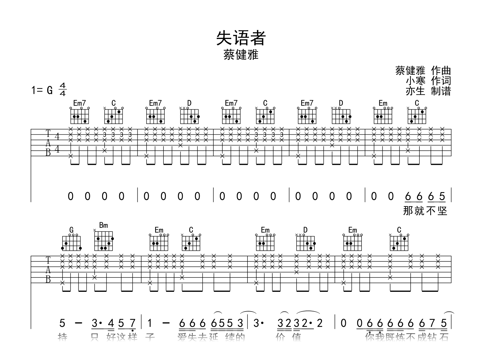 失语者吉他谱_蔡健雅_G调弹唱谱_高清六线谱1