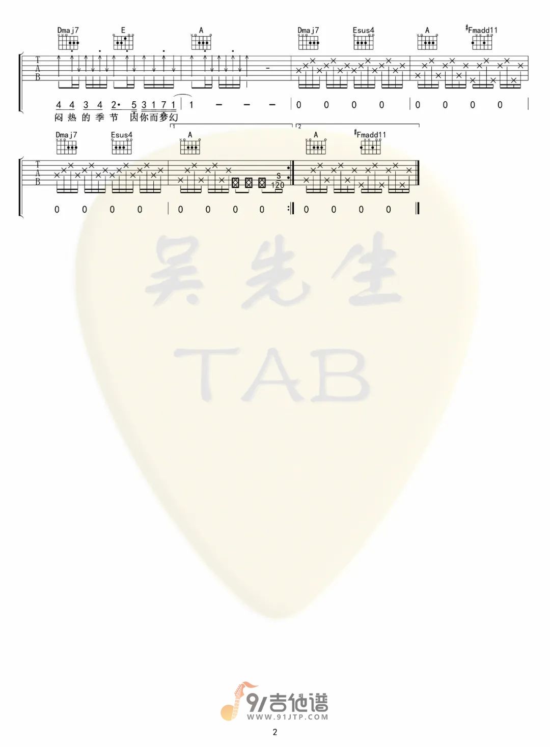 LBI利比《小城夏天》吉他谱 A调指法原版编配 民谣吉他弹唱六线谱2