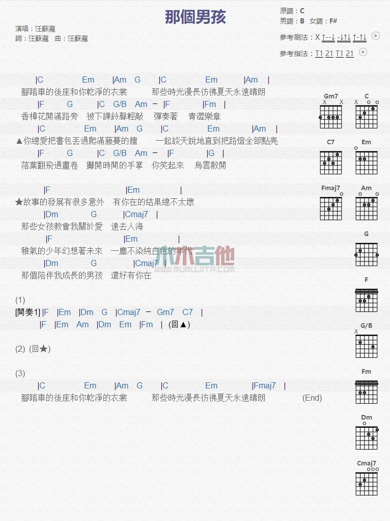 那个男孩_吉他谱_汪苏泷1
