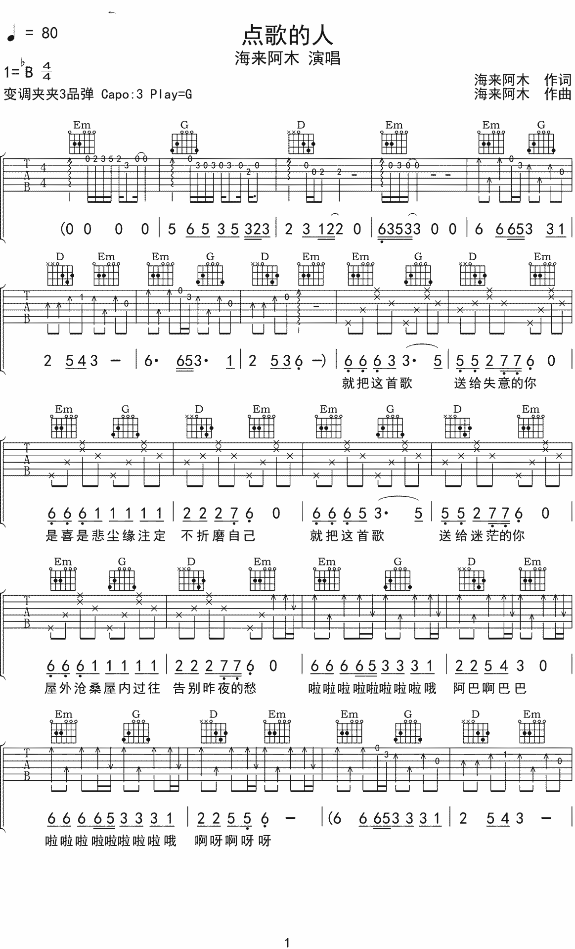 《点歌的人》吉他谱_海来阿木_G调原版弹唱谱_高清六线谱1