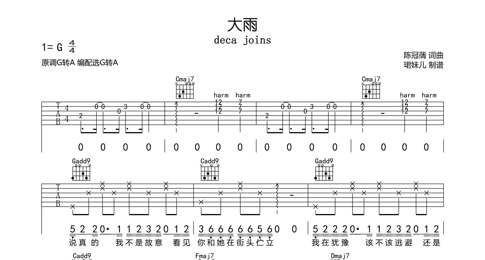 大雨吉他谱_deca joins_G转A调指法1