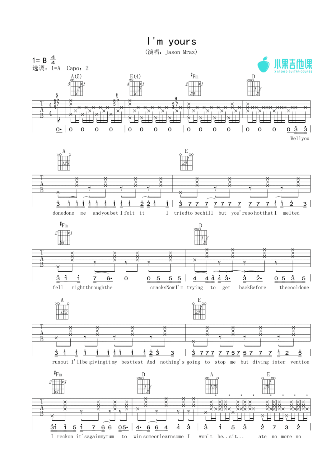 I'm Yours A调吉他谱 杰森·玛耶兹(Jason Mraz)1