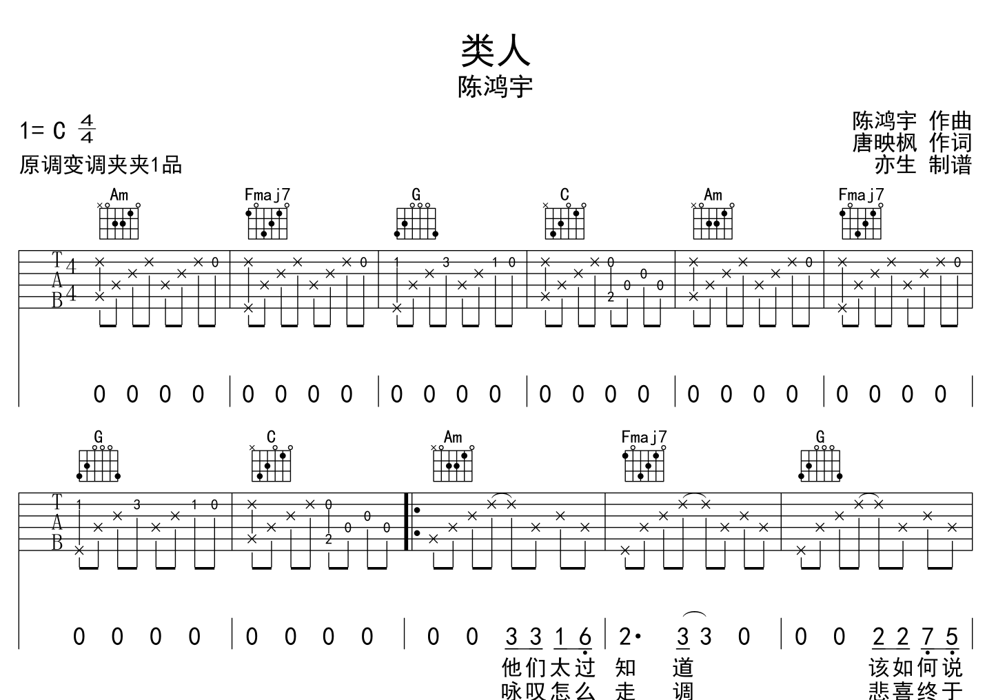 类人吉他谱_陈鸿宇_《类人》C调吉他弹唱谱1
