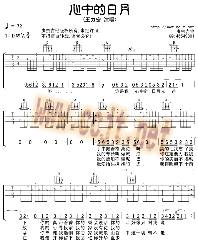 心中的日月吉他谱 D调-王力宏1