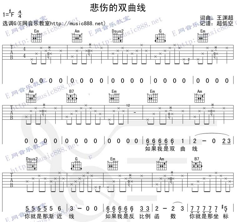 悲伤双曲线|吉他谱|图片谱|高清|王渊超1
