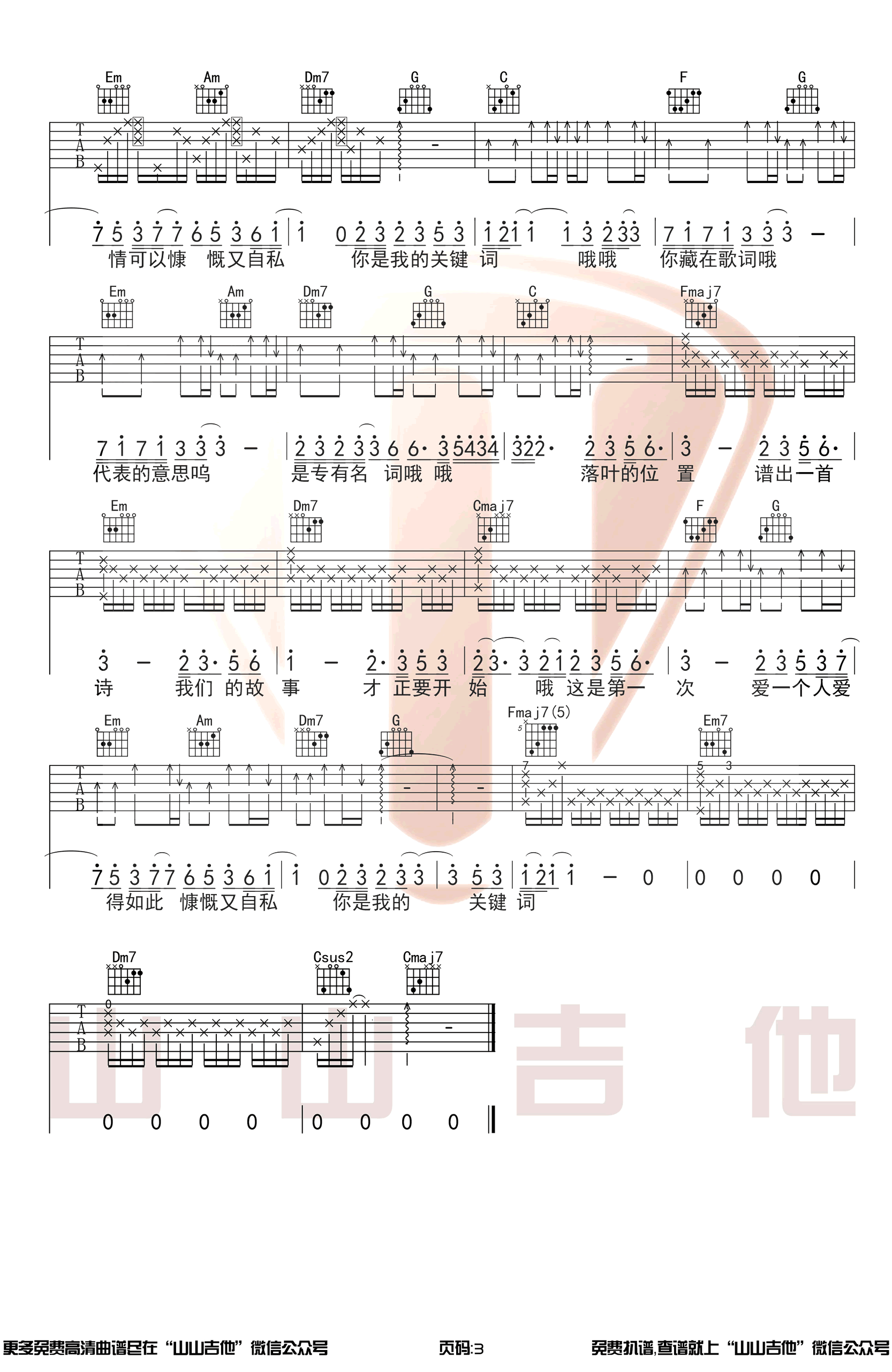关键词吉他谱_林俊杰_C调原版弹唱谱_演示视频3