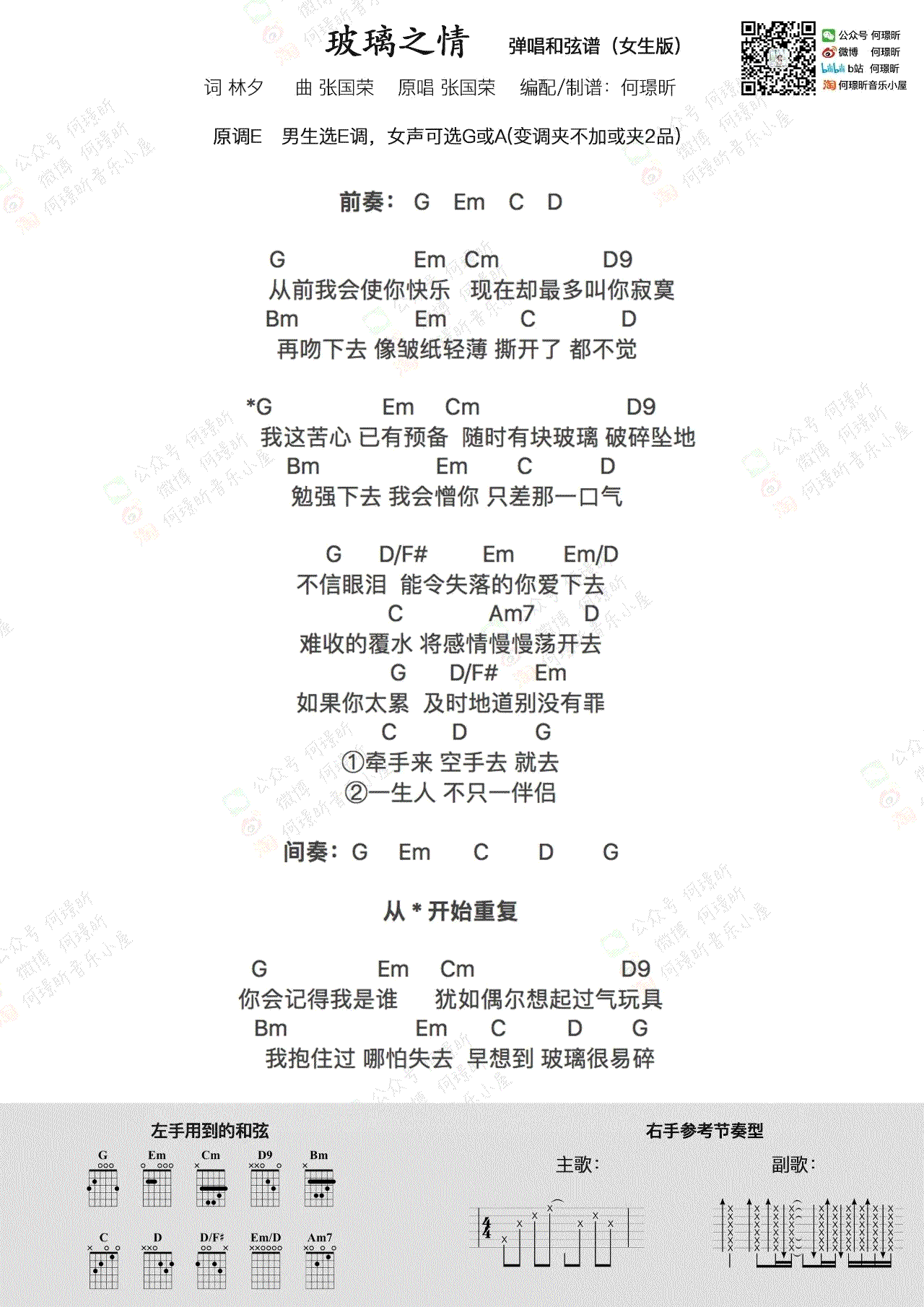 张国荣《玻璃之情》吉他谱-男生版
