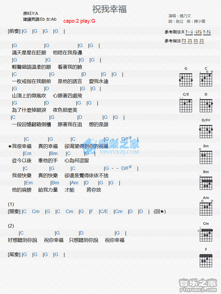 祝我幸福吉他谱 G调和弦谱-杨乃文1