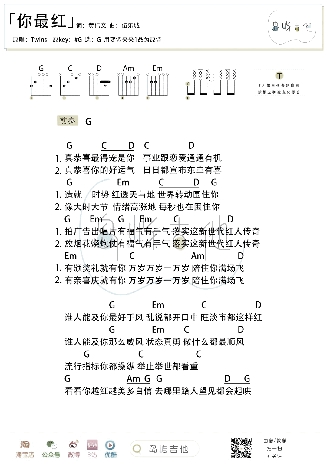 你最红吉他谱_TWINS_过年贺岁金曲_弹唱演示+教学视频2