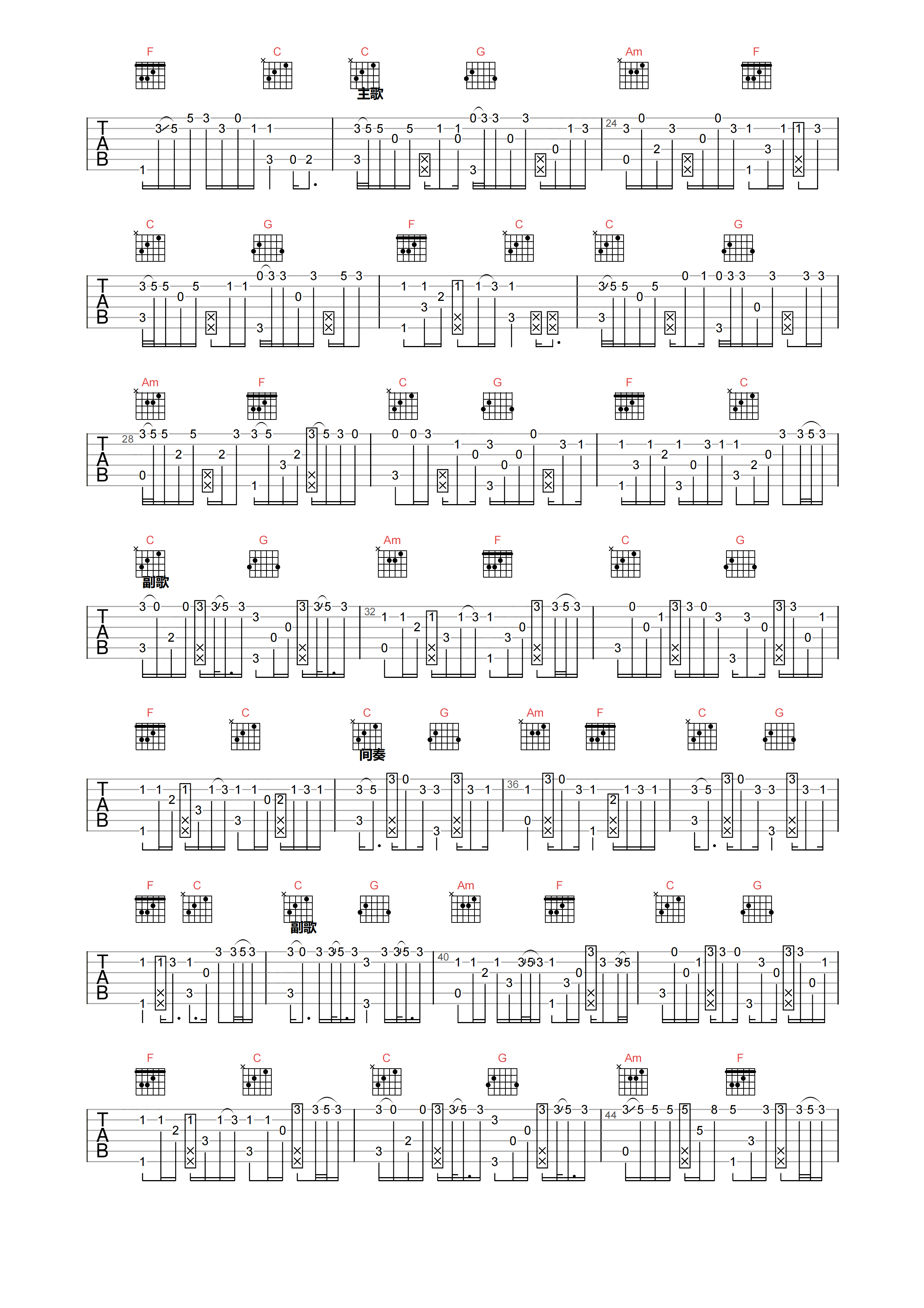 程艾影指弹谱-赵雷-C调独奏六线谱-图片谱1