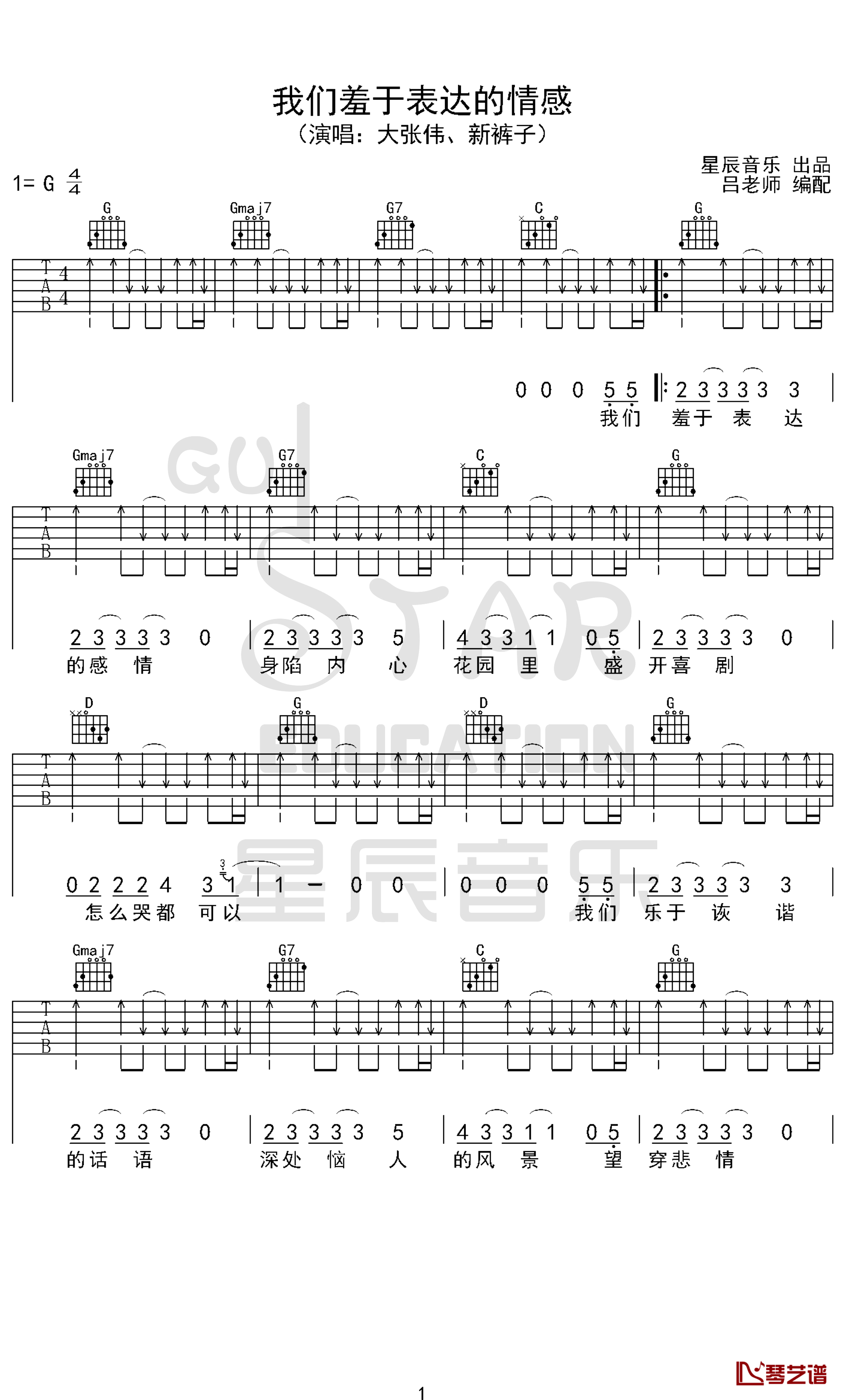 我们羞于表达的感情吉他谱 G调原版 大张伟/新裤子1