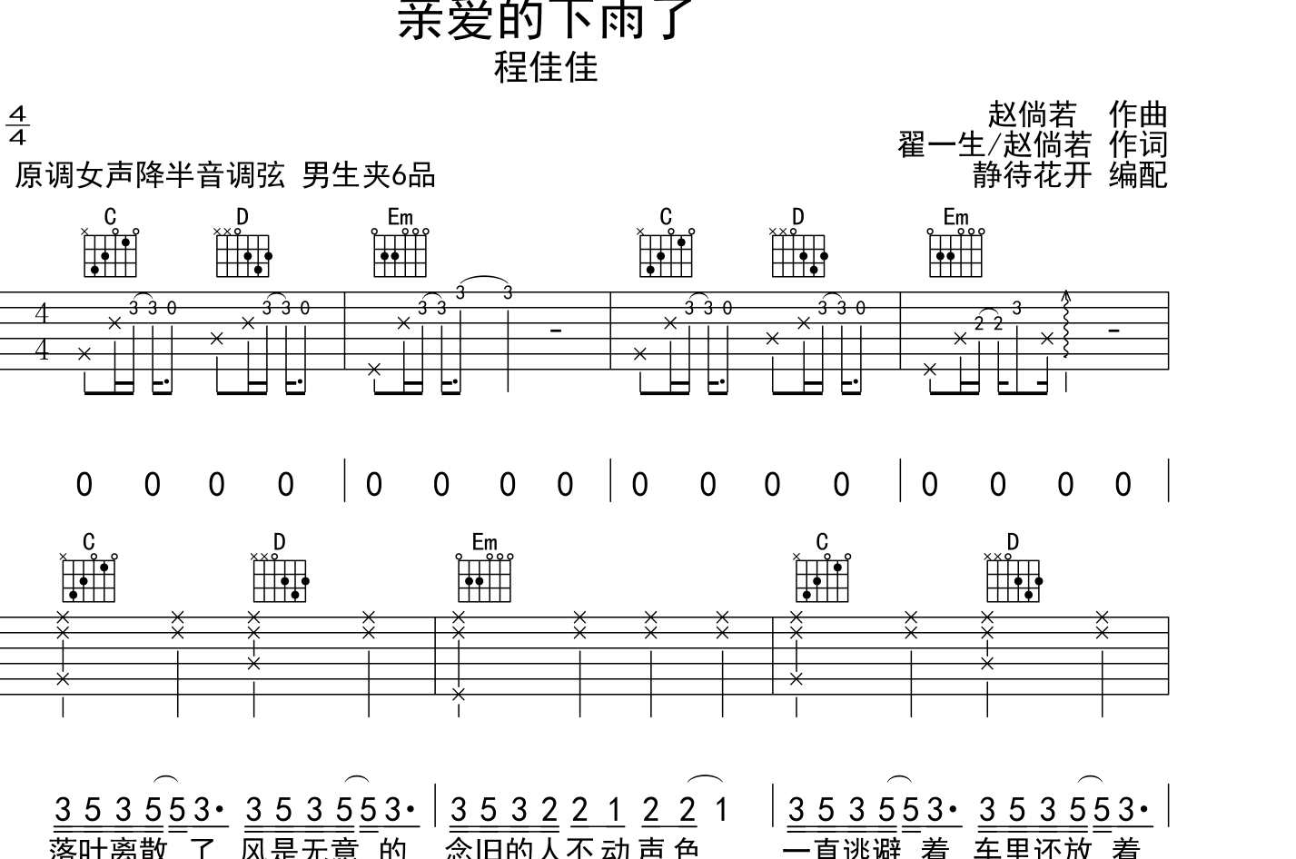 亲爱的下雨了吉他谱-程佳佳-G调原版弹唱吉他谱1