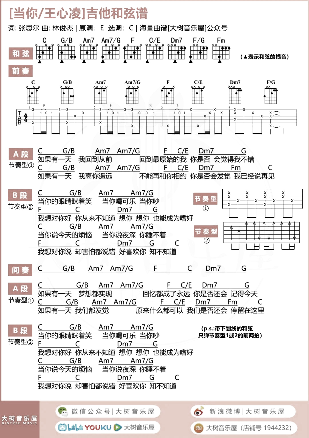 当你 吉他谱-王心凌-C调超还原版-吉他演示/教学1