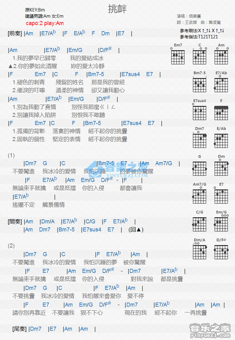 挑衅吉他谱 B调和弦谱_音乐之家编配_信乐团1