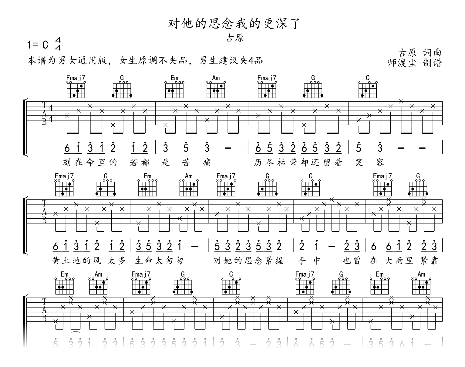 对她的思念握得更深了吉他谱_古原_C调_《隐入尘烟》主题曲1
